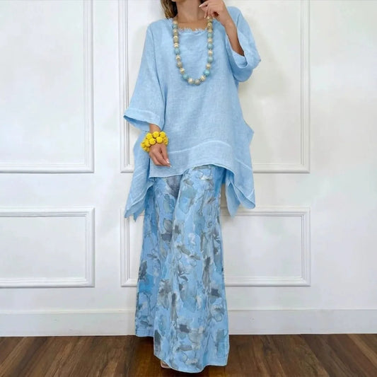 2026 New Fashion Best-selling Women's Casual Hemp Blend Asymmetrical Loose Top Wide-leg Pants Set