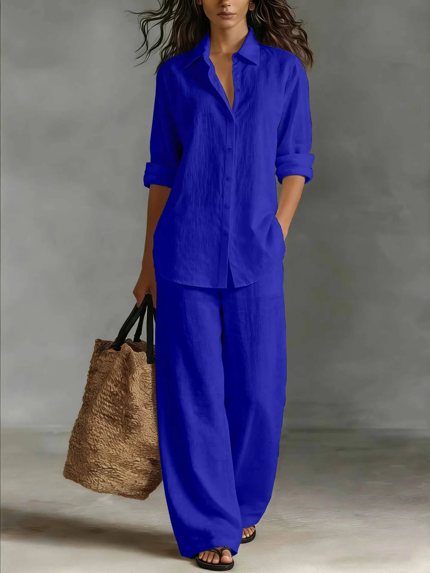 Spring Autumn Loose Cotton Linen Wide Leg Trousers Female Office 2piece Set