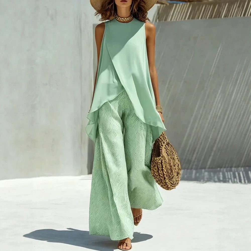 2026 Elegant Summer Women's Two Pieces Suit Full Trouser Set Female Outfit Clothes