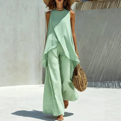 2026 Elegant Summer Women's Two Pieces Suit Full Trouser Set Female Outfit Clothes