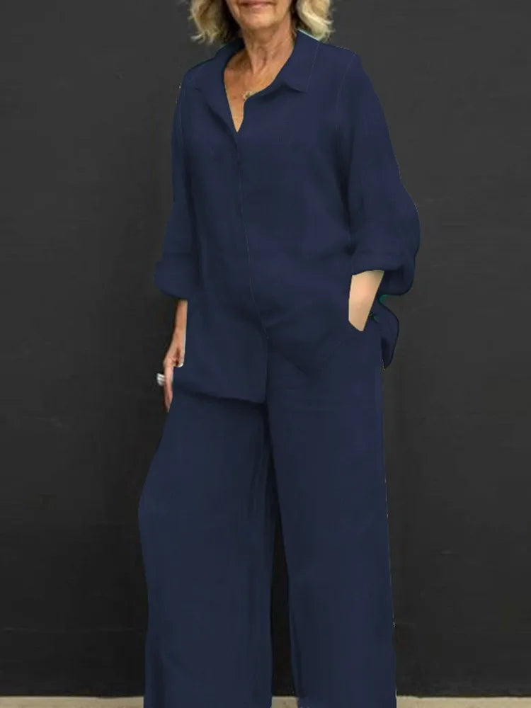 Spring and summer cotton linen suit women's lapel long sleeve loose shirt high waist wide leg pants casual two-piece suit
