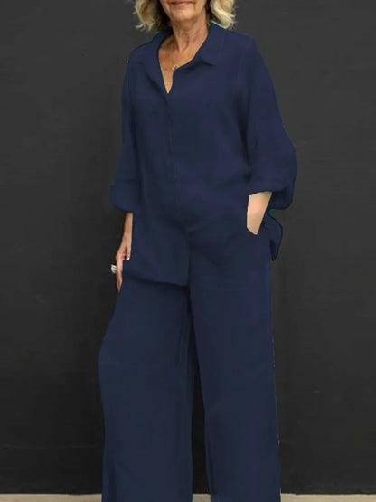 Spring and summer cotton linen suit women's lapel long sleeve loose shirt high waist wide leg pants casual two-piece suit