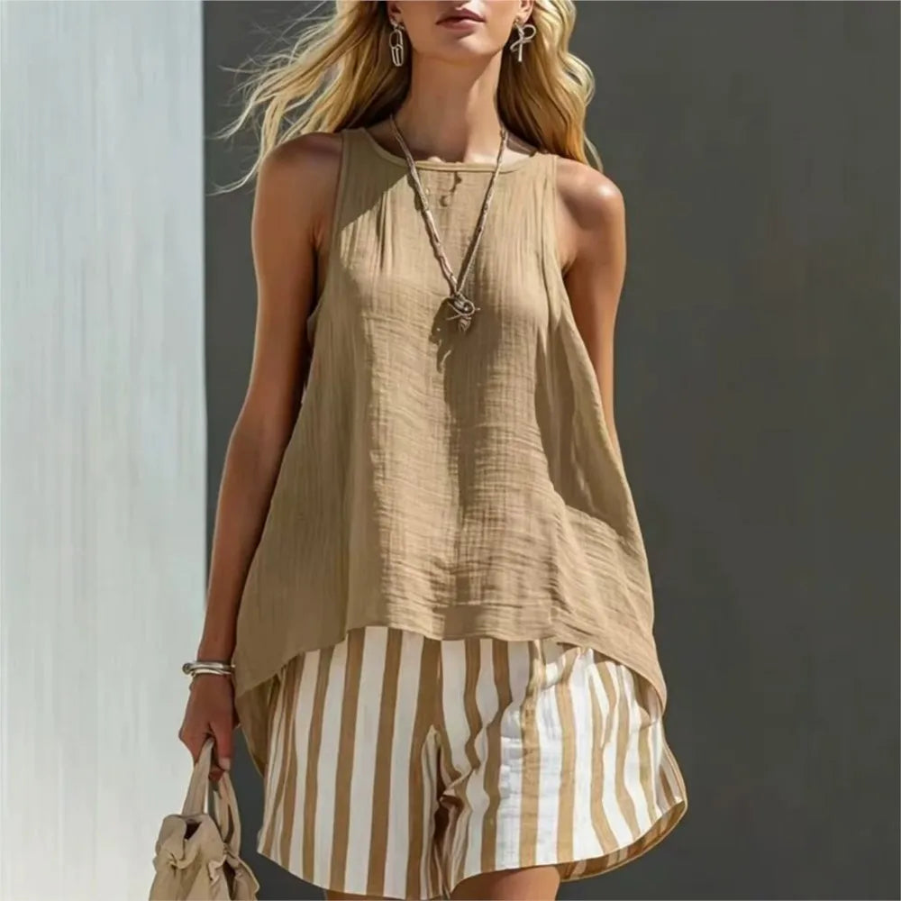 Fashion Solid Color Sleeveless Top Printed Striped Shorts Women's 2 Piece Set Summer Casual Seaside Vacation Female Shorts Set