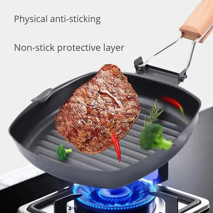Frying Pan Picnic Grill Pan Anti-scald Wooden Handle Outdoor