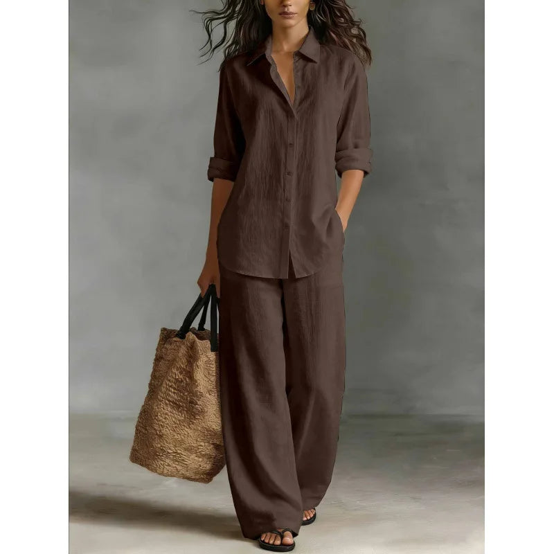 Spring Autumn Loose Cotton Linen Wide Leg Trousers Female Office 2piece Set