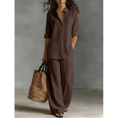 Spring Autumn Loose Cotton Linen Wide Leg Trousers Female Office 2piece Set