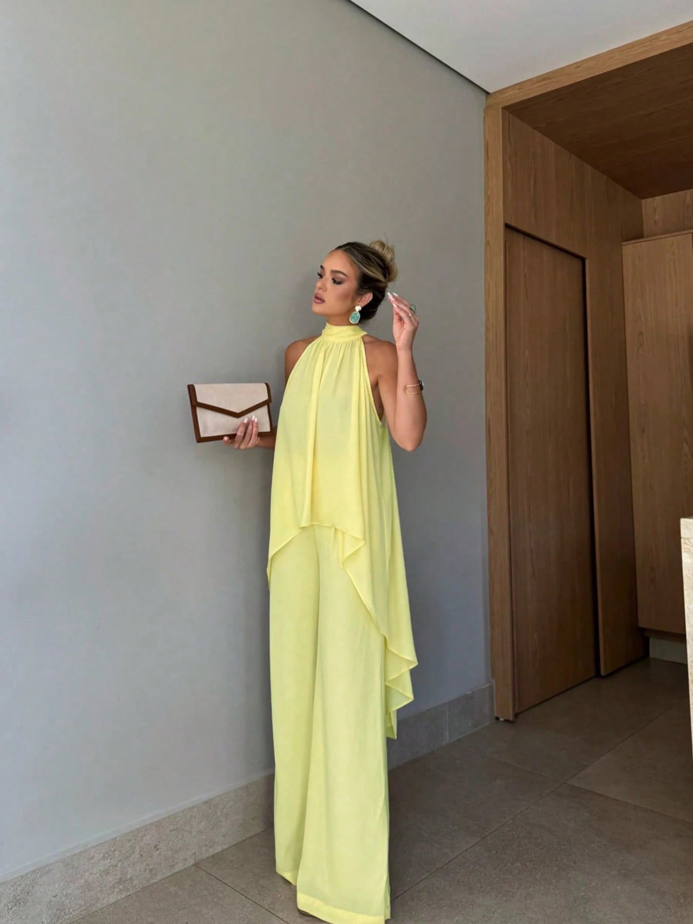 Ladies Elegant Chiffon Solid Color Semi-Transparent Top Bottoms Set Fashionable Translucent Outfit for Women