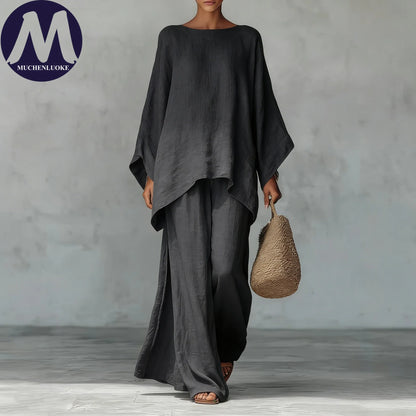 Women's Summer 2-Piece Set Elegant Long Sleeve Top with Casual Wide Leg Pants Fashionable Beach Vacation Outfit