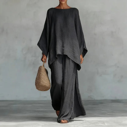 Women's Summer 2-Piece Set Elegant Long Sleeve Top with Casual Wide Leg Pants Fashionable Beach Vacation Outfit