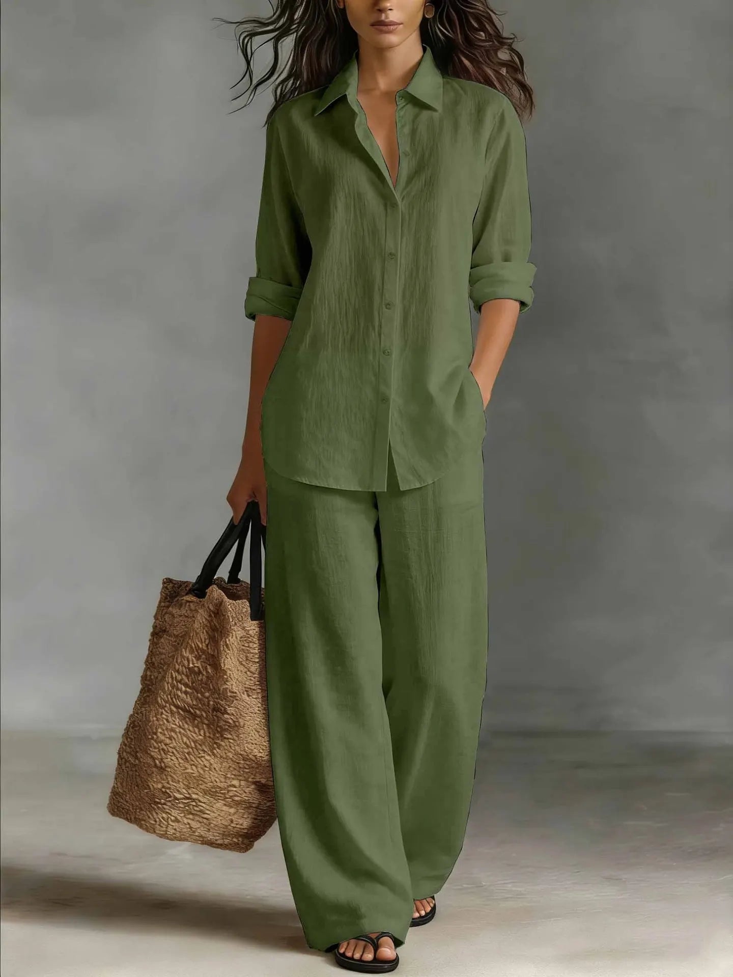 Spring Autumn Loose Cotton Linen Wide Leg Trousers Female Office 2piece Set