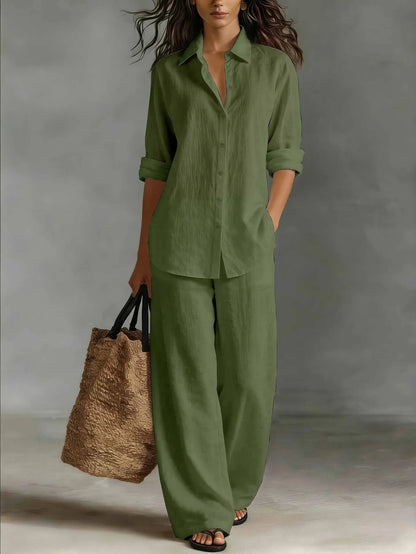 Spring Autumn Loose Cotton Linen Wide Leg Trousers Female Office 2piece Set