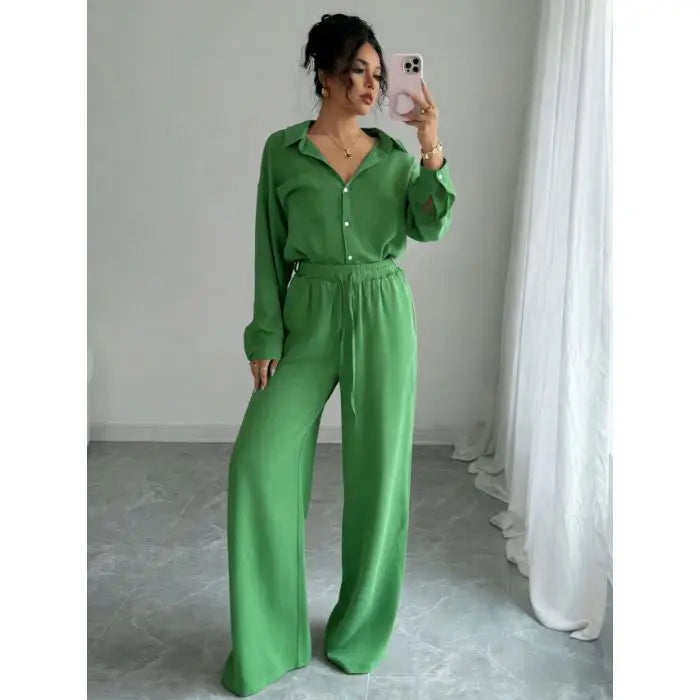 Spring New plus Size Women's Home Clothes Set Loose Long Sleeve Shirt High Waist Wide Leg Pants Two-Piece Pure Color Outfit