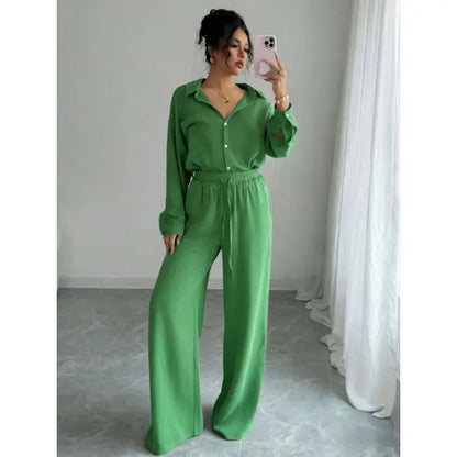 Spring New plus Size Women's Home Clothes Set Loose Long Sleeve Shirt High Waist Wide Leg Pants Two-Piece Pure Color Outfit