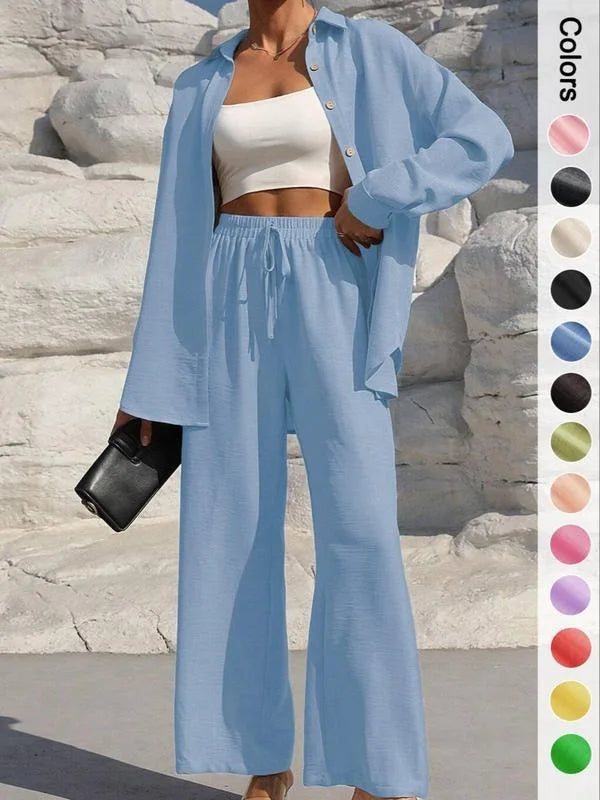 Spring Summer Women Matching Sets Shirts Blouses Solid Color Long Cardigan Pants Trousers Outfits Suits Tracksuits Casual