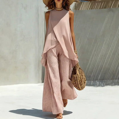 2026 Elegant Summer Women's Two Pieces Suit Full Trouser Set Female Outfit Clothes