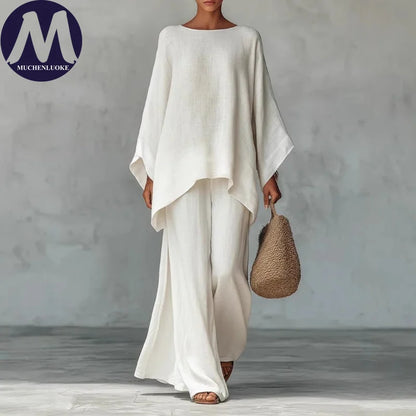 Women's Summer 2-Piece Set Elegant Long Sleeve Top with Casual Wide Leg Pants Fashionable Beach Vacation Outfit
