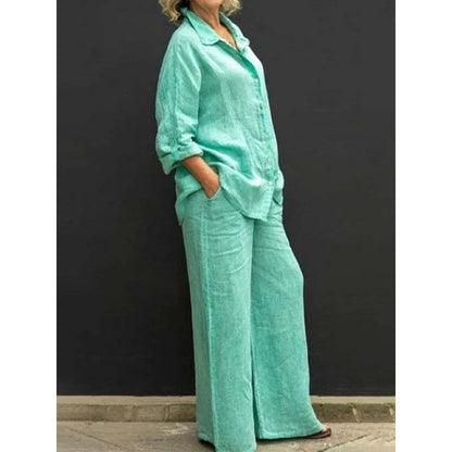 Spring and summer cotton linen suit women's lapel long sleeve loose shirt high waist wide leg pants casual two-piece suit