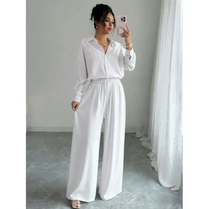 Spring New plus Size Women's Home Clothes Set Loose Long Sleeve Shirt High Waist Wide Leg Pants Two-Piece Pure Color Outfit
