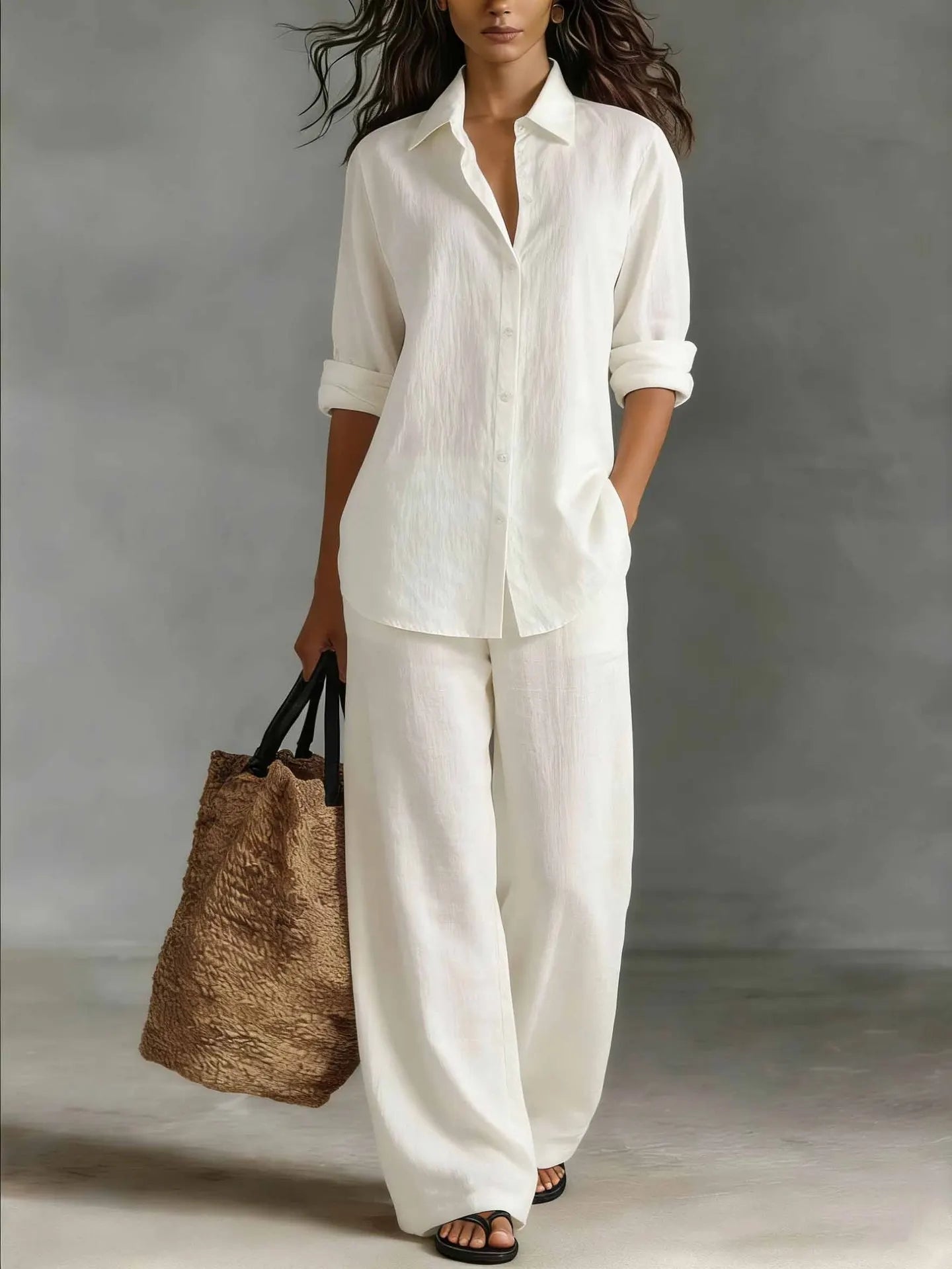 Spring Autumn Loose Cotton Linen Wide Leg Trousers Female Office 2piece Set