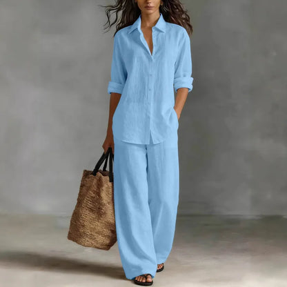 Spring Autumn Loose Cotton Linen Wide Leg Trousers Female Office 2piece Set