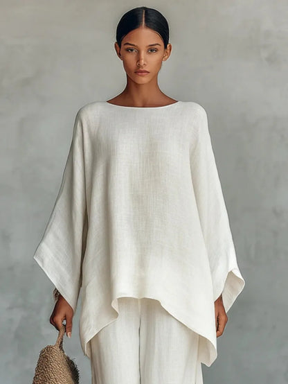 Women's Summer 2-Piece Set Elegant Long Sleeve Top with Casual Wide Leg Pants Fashionable Beach Vacation Outfit