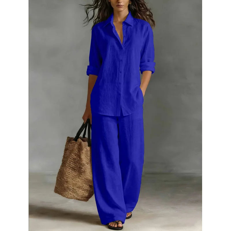 Spring Autumn Loose Cotton Linen Wide Leg Trousers Female Office 2piece Set