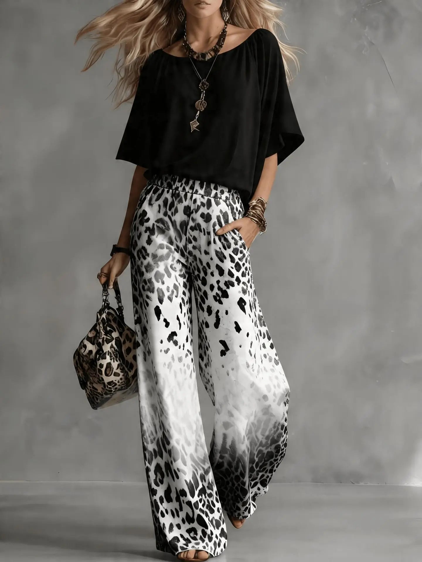 Women Fashion 2-Piece Outfit Flowy Batwing Sleeves Chiffon Blouse Gradient Leopard Print Wide Leg Pants Casual Summer Co-Ord Set