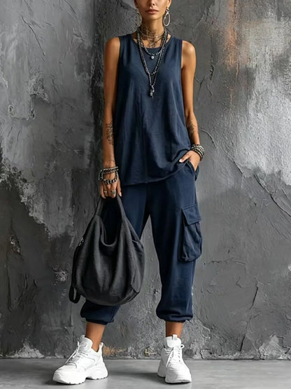 Boho Vacation Summer Sport Outfits Woman O Neck Sleeveless Top Big Pocket Capri Pants Sets Spring Casual Loose Suit Harajuku