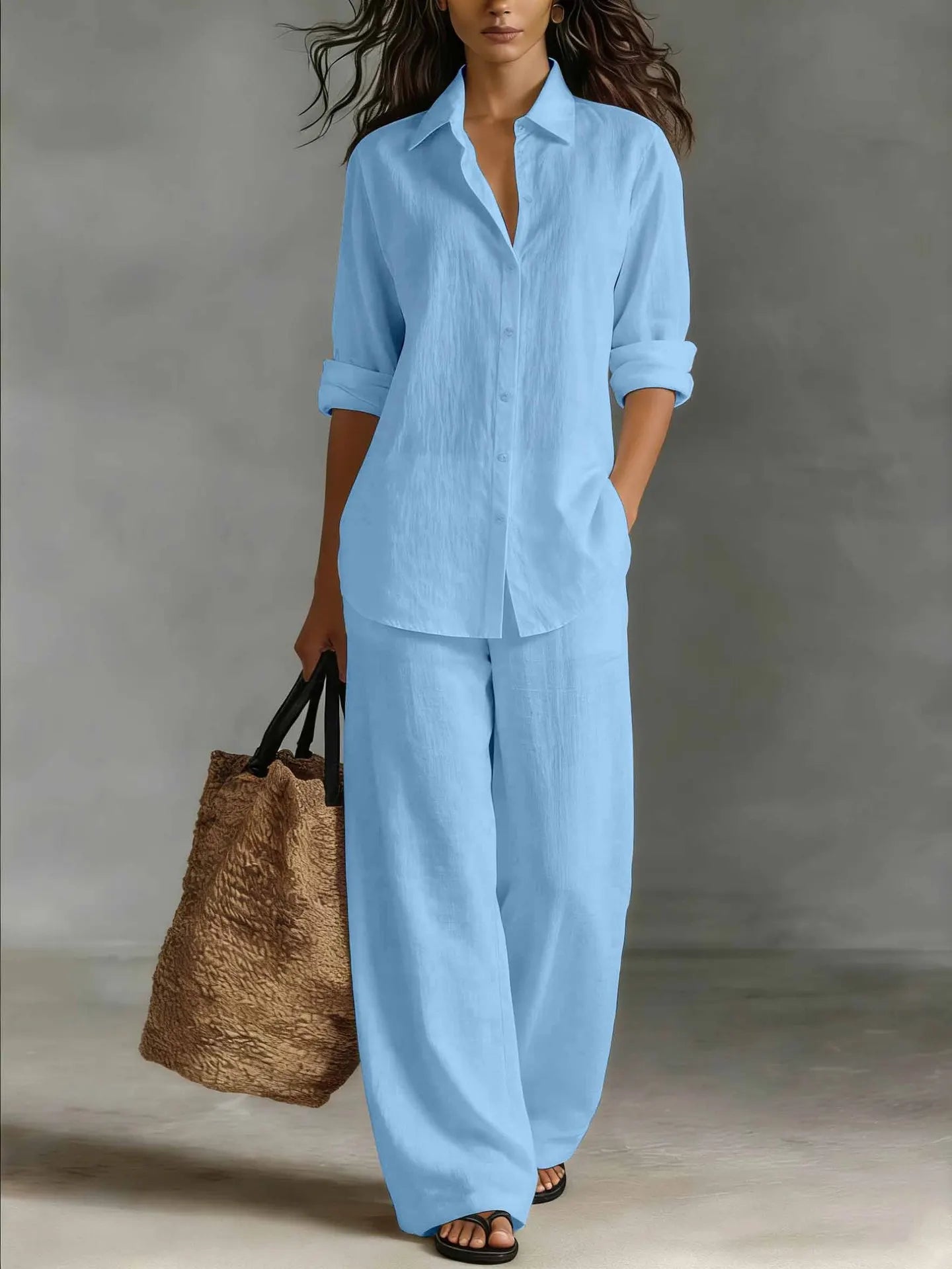 Spring Autumn Loose Cotton Linen Wide Leg Trousers Female Office 2piece Set