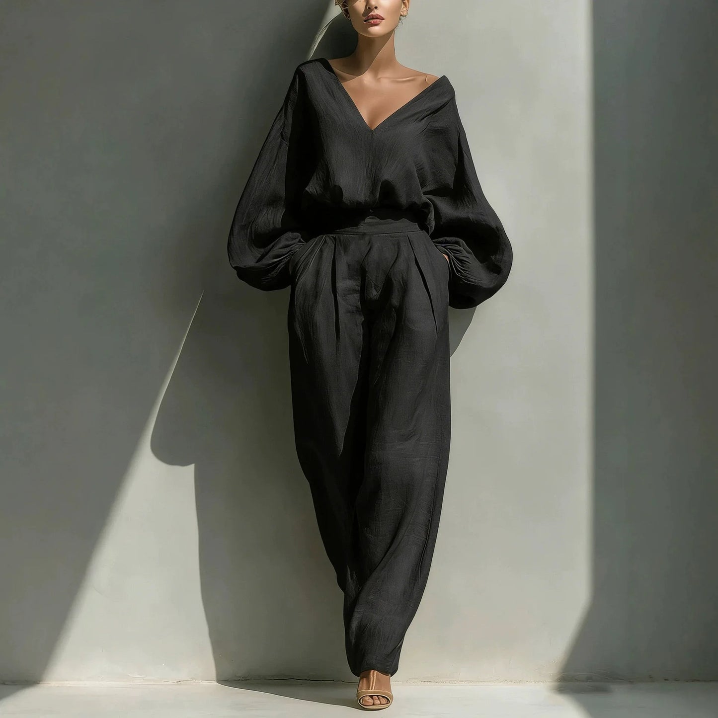2026 Women's Shirt and Pants Two-Piece Long-Sleeve Loose Fashion Neutral Retro Cotton Hemp Set