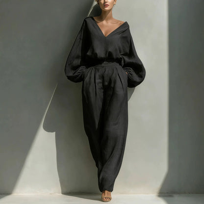 2026 Women's Shirt and Pants Two-Piece Long-Sleeve Loose Fashion Neutral Retro Cotton Hemp Set