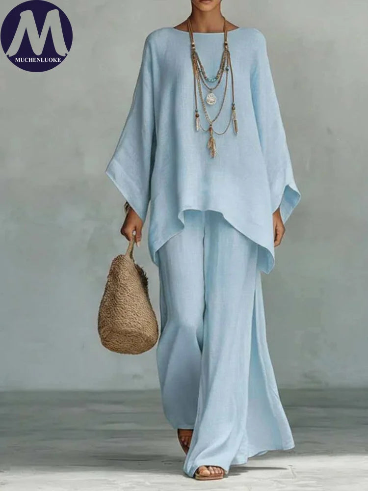 Women's Summer 2-Piece Set Elegant Long Sleeve Top with Casual Wide Leg Pants Fashionable Beach Vacation Outfit