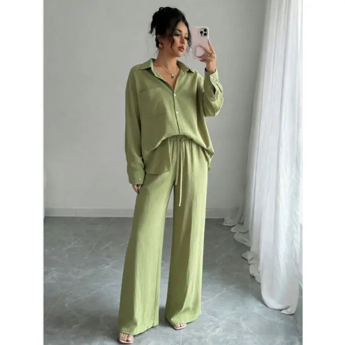 Spring New plus Size Women's Home Clothes Set Loose Long Sleeve Shirt High Waist Wide Leg Pants Two-Piece Pure Color Outfit
