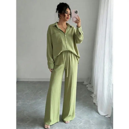 Spring New plus Size Women's Home Clothes Set Loose Long Sleeve Shirt High Waist Wide Leg Pants Two-Piece Pure Color Outfit