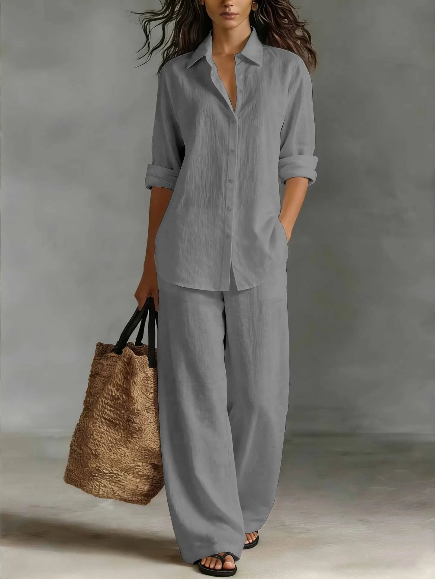 Spring Autumn Loose Cotton Linen Wide Leg Trousers Female Office 2piece Set