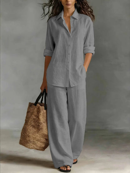 Spring Autumn Loose Cotton Linen Wide Leg Trousers Female Office 2piece Set