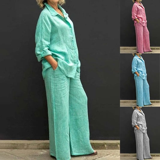 Spring and summer cotton linen suit women's lapel long sleeve loose shirt high waist wide leg pants casual two-piece suit