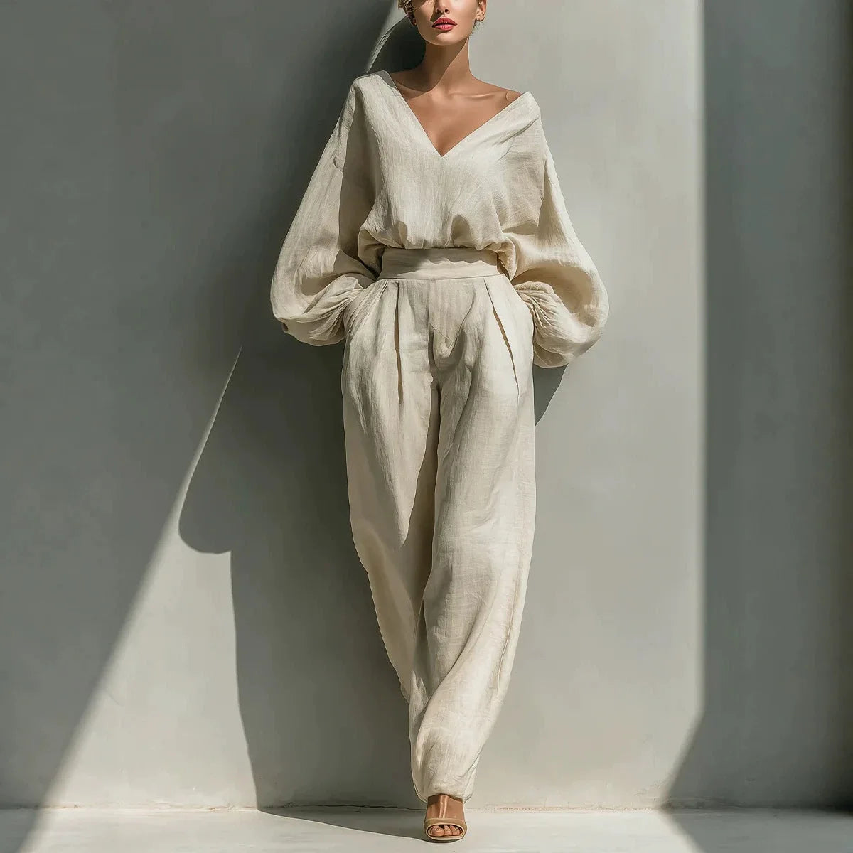2026 Women's Shirt and Pants Two-Piece Long-Sleeve Loose Fashion Neutral Retro Cotton Hemp Set