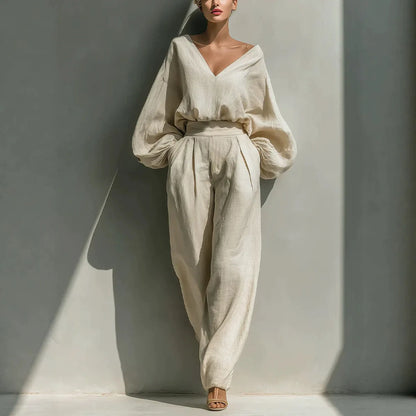 2026 Women's Shirt and Pants Two-Piece Long-Sleeve Loose Fashion Neutral Retro Cotton Hemp Set