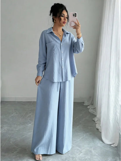 Spring New plus Size Women's Home Clothes Set Loose Long Sleeve Shirt High Waist Wide Leg Pants Two-Piece Pure Color Outfit