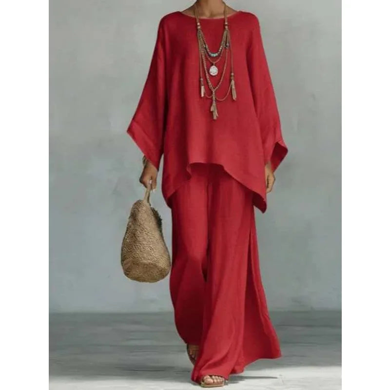 Women's Summer 2-Piece Set Elegant Long Sleeve Top with Casual Wide Leg Pants Fashionable Beach Vacation Outfit