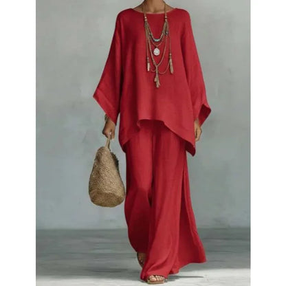 Women's Summer 2-Piece Set Elegant Long Sleeve Top with Casual Wide Leg Pants Fashionable Beach Vacation Outfit