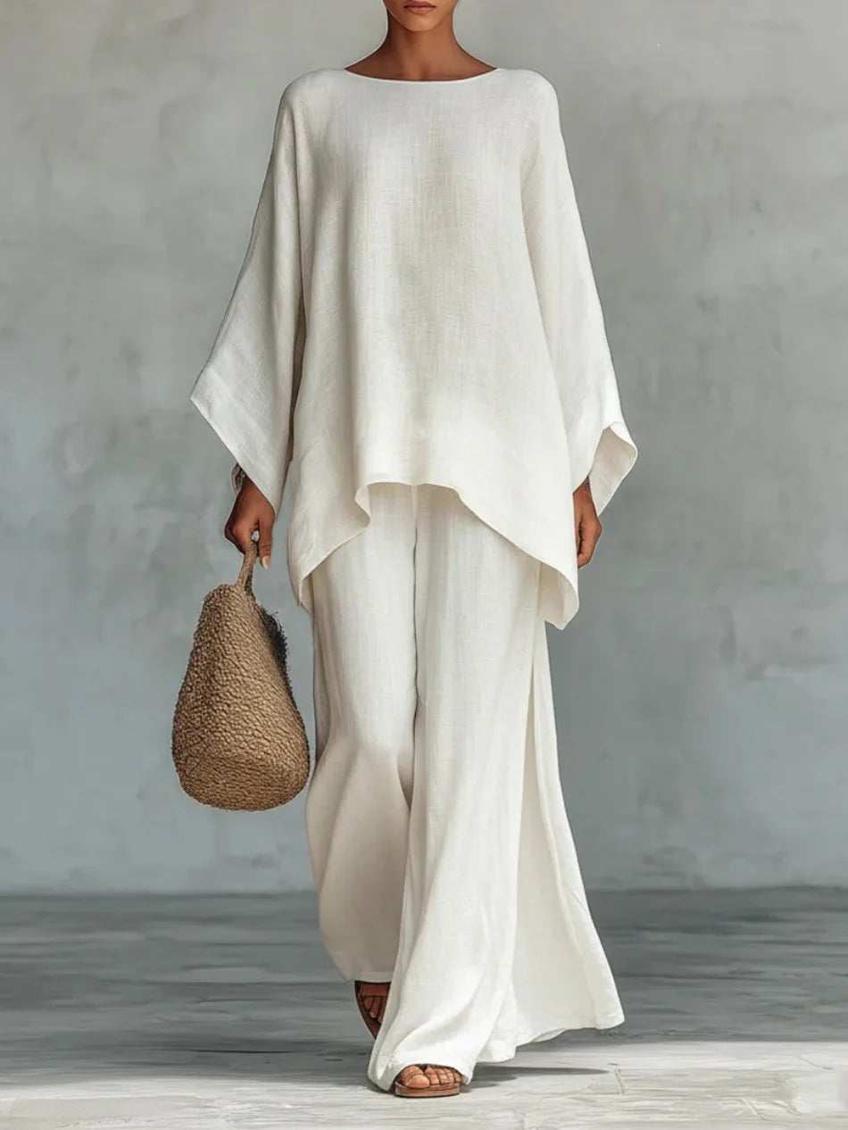 Women's Summer 2-Piece Set Elegant Long Sleeve Top with Casual Wide Leg Pants Fashionable Beach Vacation Outfit