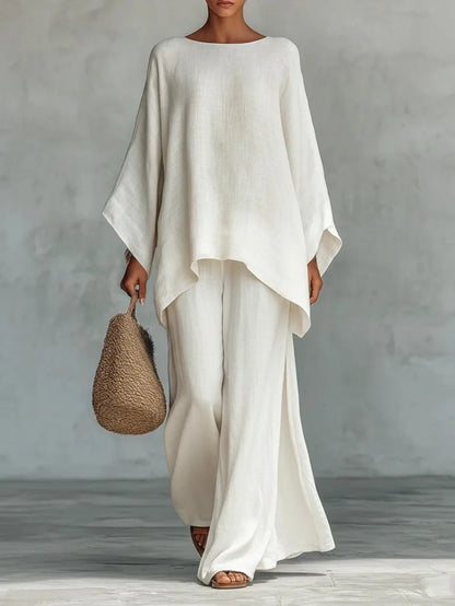 Women's Summer 2-Piece Set Elegant Long Sleeve Top with Casual Wide Leg Pants Fashionable Beach Vacation Outfit