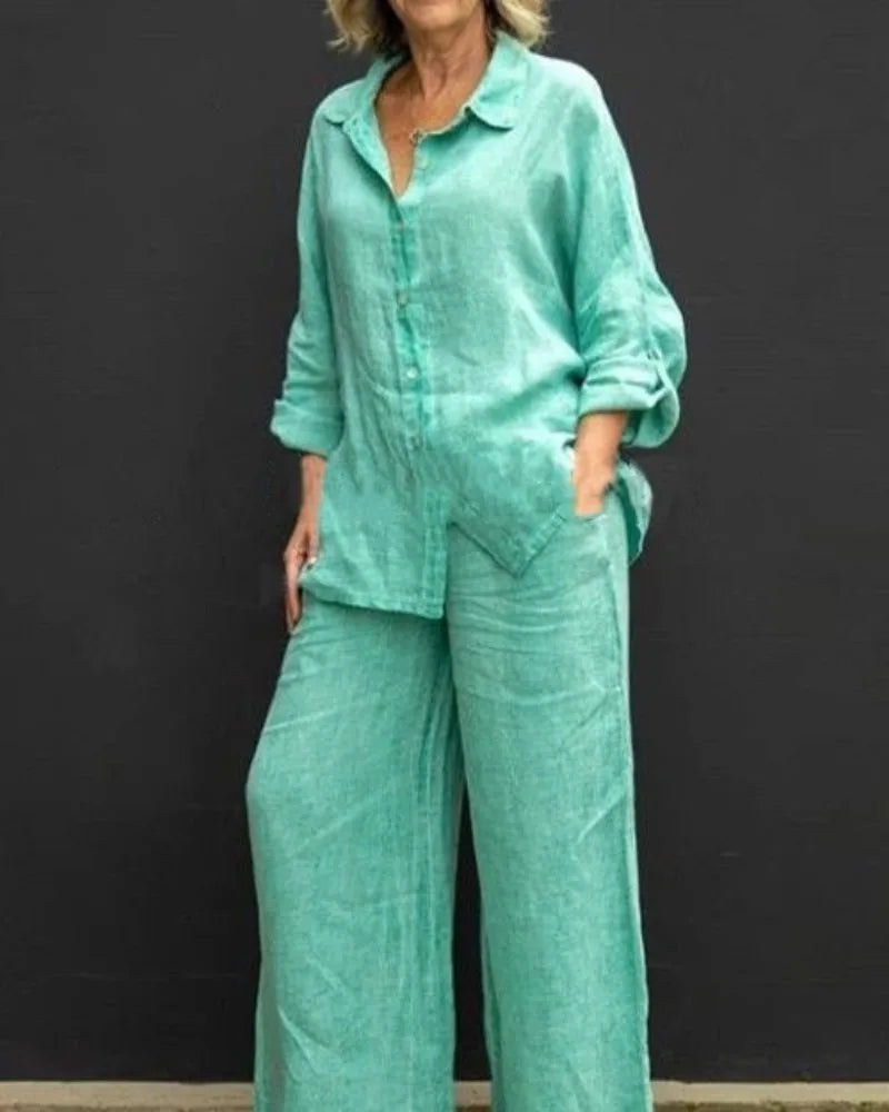 Spring and summer cotton linen suit women's lapel long sleeve loose shirt high waist wide leg pants casual two-piece suit