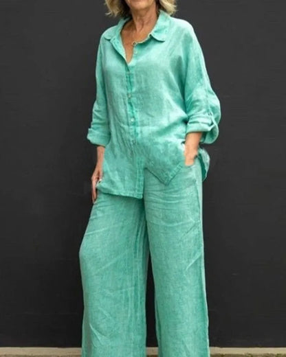 Spring and summer cotton linen suit women's lapel long sleeve loose shirt high waist wide leg pants casual two-piece suit
