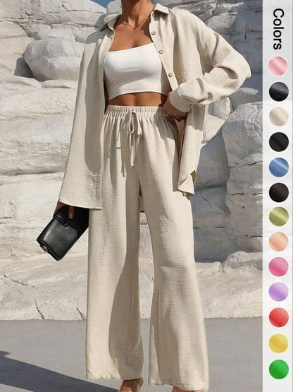 Spring Summer Women Matching Sets Shirts Blouses Solid Color Long Cardigan Pants Trousers Outfits Suits Tracksuits Casual
