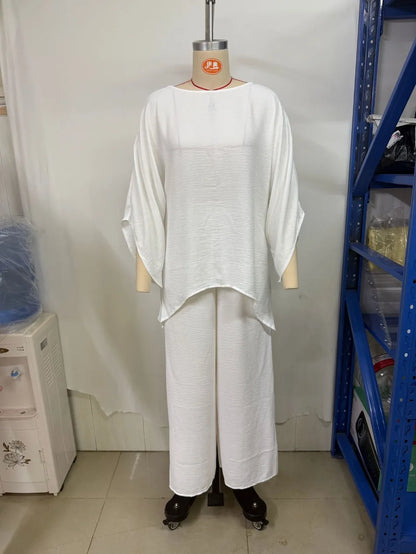 Women's Summer 2-Piece Set Elegant Long Sleeve Top with Casual Wide Leg Pants Fashionable Beach Vacation Outfit