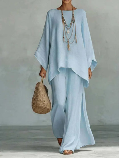 Women's Summer 2-Piece Set Elegant Long Sleeve Top with Casual Wide Leg Pants Fashionable Beach Vacation Outfit