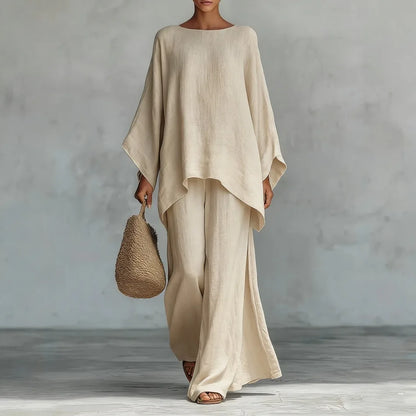 Women's Summer 2-Piece Set Elegant Long Sleeve Top with Casual Wide Leg Pants Fashionable Beach Vacation Outfit